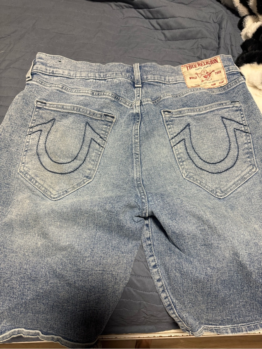 True Religion Men’s Light Blue Denim Shorts with Signature Back Pocket Stitch